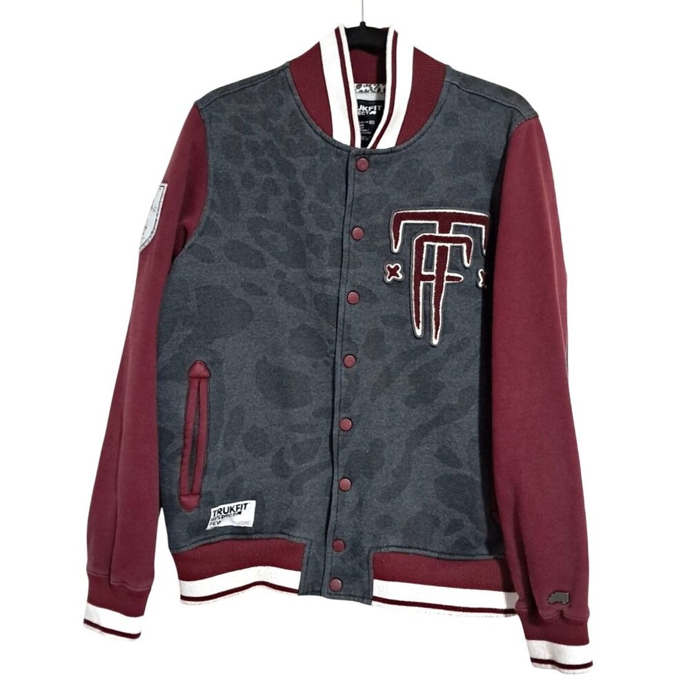 Trukfit Mens L Varsity Jacket Maroon & Gray "TF" Embroidered Button-Up Made In